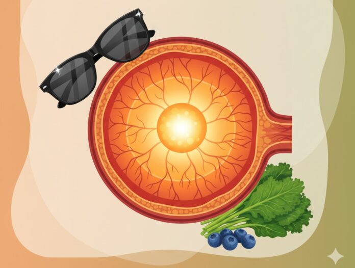 Age-Related Macular Degeneration Illustration Illustration of a glowing retina with sunglasses and greens, promoting age-related macular degeneration prevention.