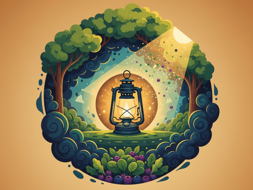 Artwork of a dim lantern reigniting in a forest, symbolizing age-related macular degeneration prevention.
