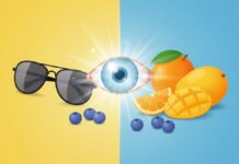 Cataracts Prevention: Diet & Lifestyle Tips Illustration of a clear eye lens with sunglasses and fruits, promoting cataracts prevention.