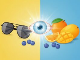 Illustration of a clear eye lens with sunglasses and fruits, promoting cataracts prevention.