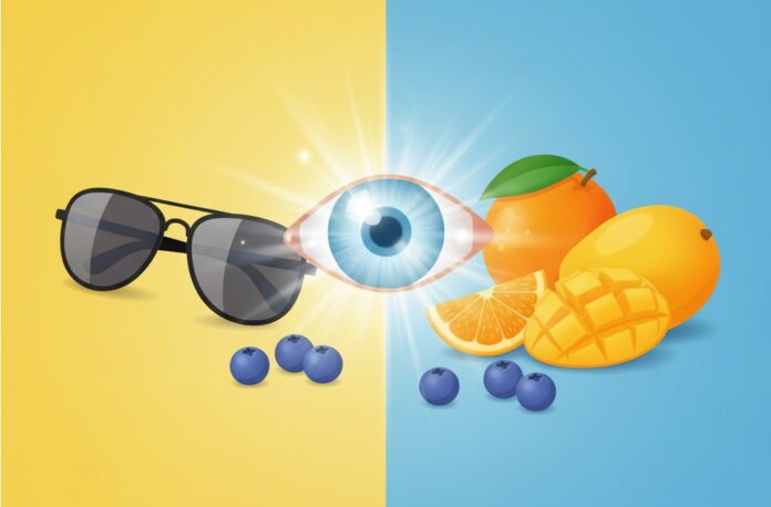Cataracts Prevention Illustration Illustration of a clear eye lens with sunglasses and fruits, promoting cataracts prevention.