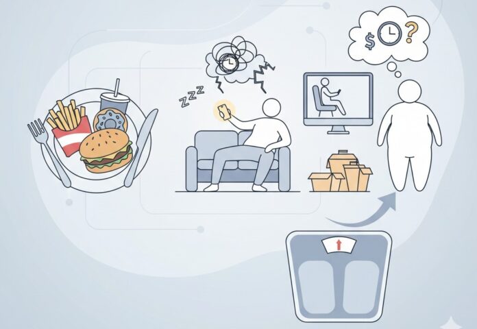 Causes of Body Weight Gain Cover Illustration Illustration of causes of weight gain including food, stress, and sedentary icons.