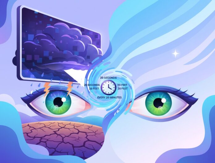 Computer Vision Syndrome Relief Artwork- Illustration of a laptop and eye reflecting a screen, highlighting computer vision syndrome solutions.