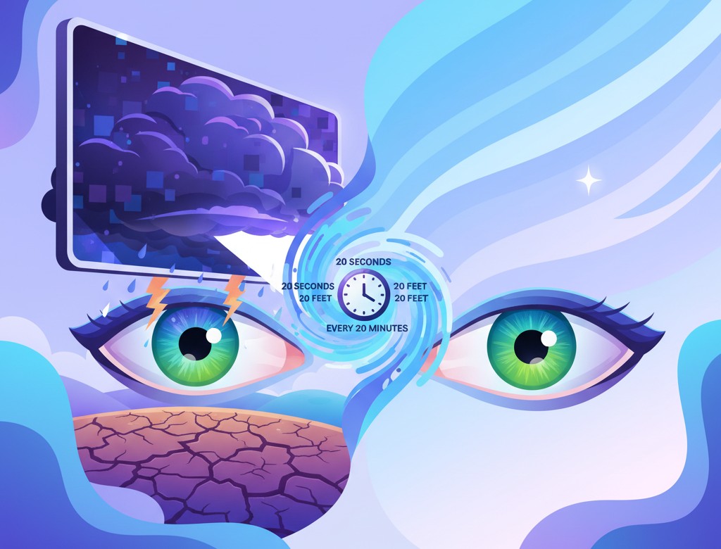 Artwork of a stormy screen cloud clearing over an eye landscape, symbolizing computer vision syndrome relief.