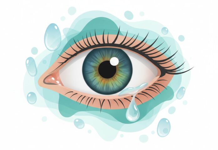 Dry Eyes Relief Illustration Close-up illustration of a healthy eye with a tear, surrounded by blue-green water droplets, promoting dry eyes relief.