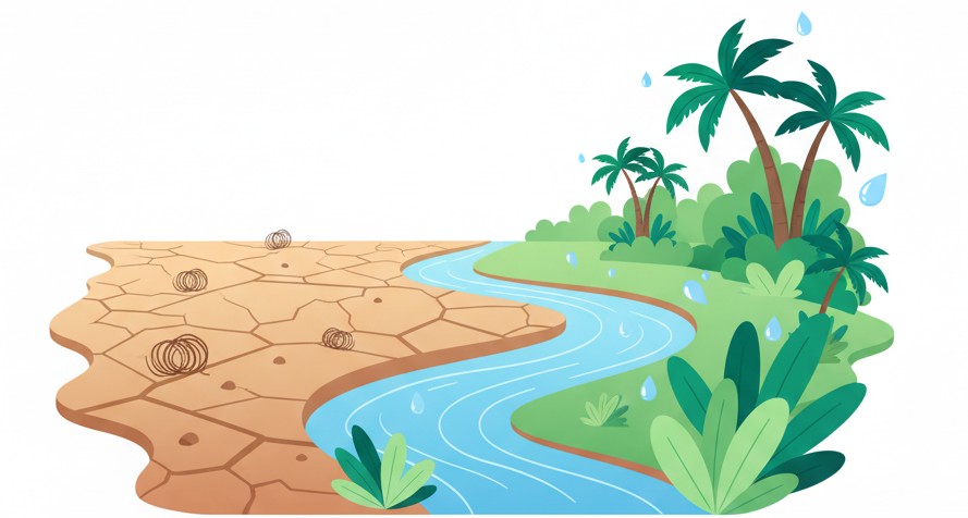 a desert turning into a lush oasis, symbolizing dry eyes relief through hydration.