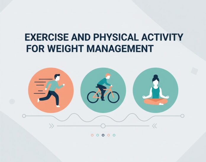 Exercise for Weight Management Cover Illustration Illustration of exercise activities like running, cycling, and yoga icons.