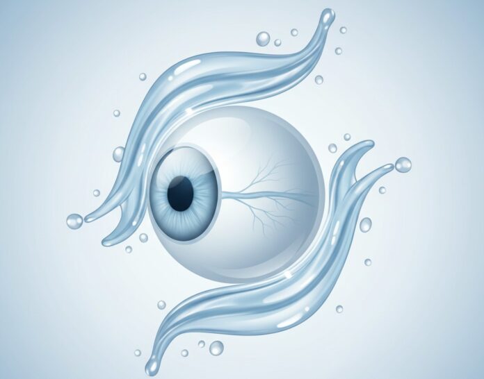 Glaucoma Treatment Illustration Illustration of a clear eye with optic nerve and water flows, promoting glaucoma treatment.