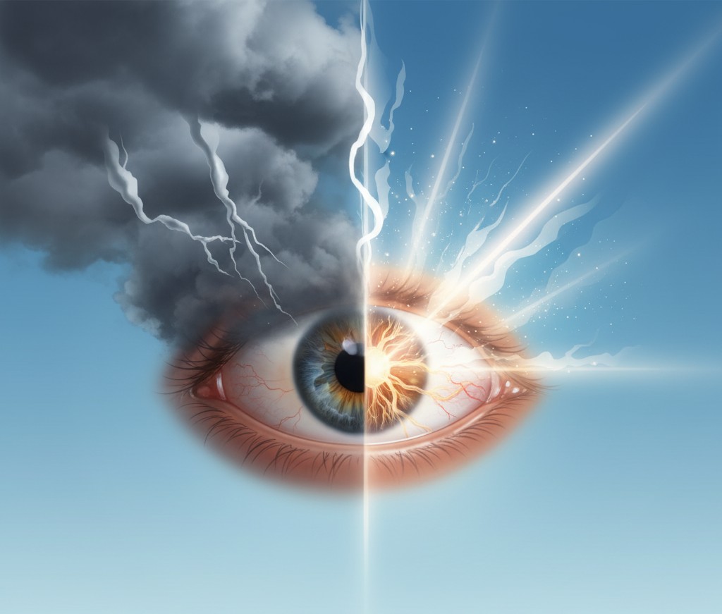 Artwork of a stormy eye clearing to a healthy optic nerve, symbolizing glaucoma treatment.