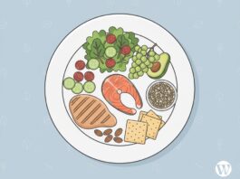 Illustration of balanced diet plate with vegetables, proteins, and grains.