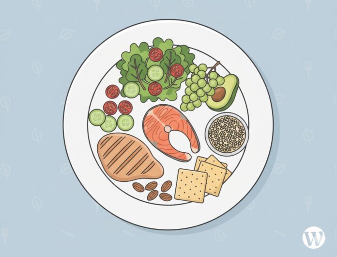 Healthy Diet Plans Cover Illustration Illustration of balanced diet plate with vegetables, proteins, and grains.