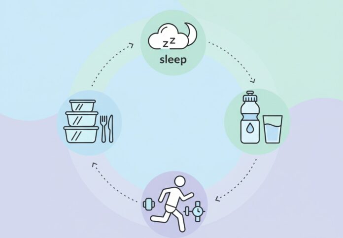 Lifestyle Habits for Weight Control Cover Illustration Illustration of healthy lifestyle habits icons: sleep, hydration, exercise, and meal prep.