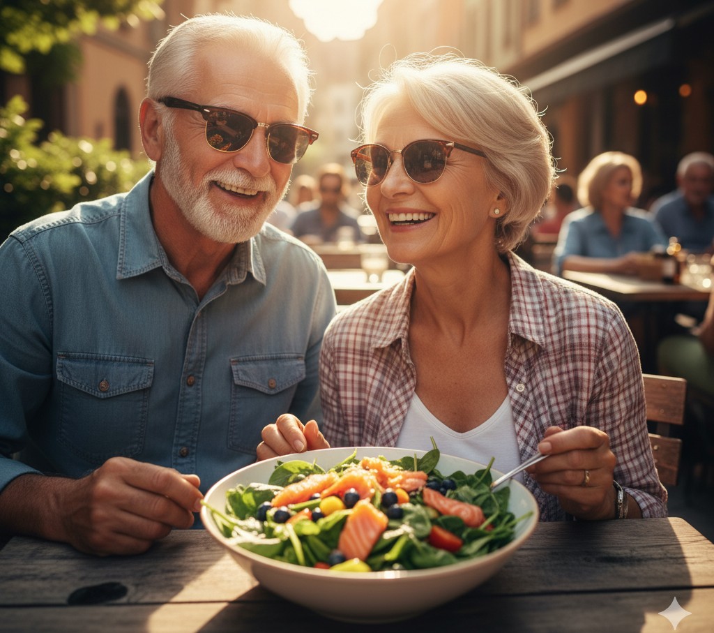 Senior couple eating a healthy salad outdoors, wearing sunglasses to prevent age-related macular degeneration.
