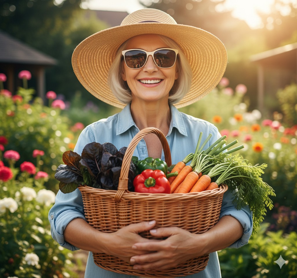 Senior woman gardening with UV sunglasses and veggies, practicing cataracts prevention.