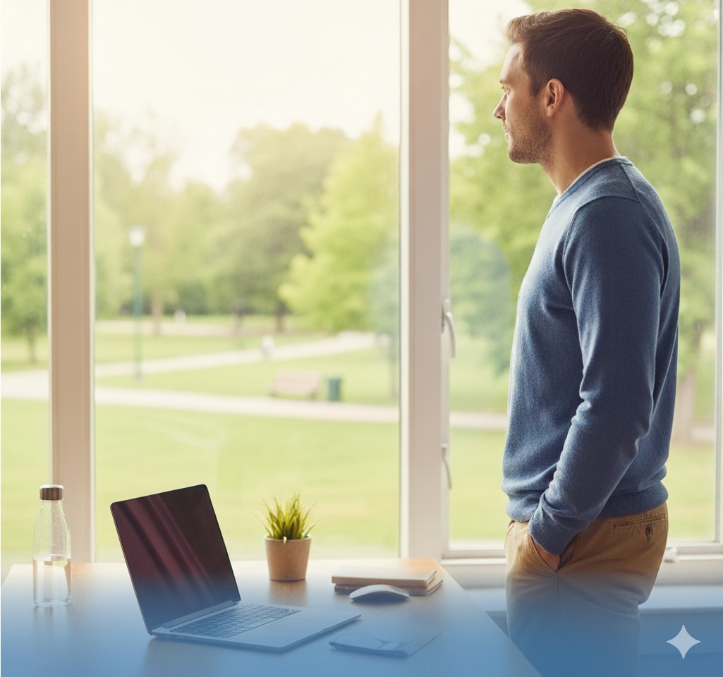 Young professional looking out a window during a screen break, preventing computer vision syndrome.