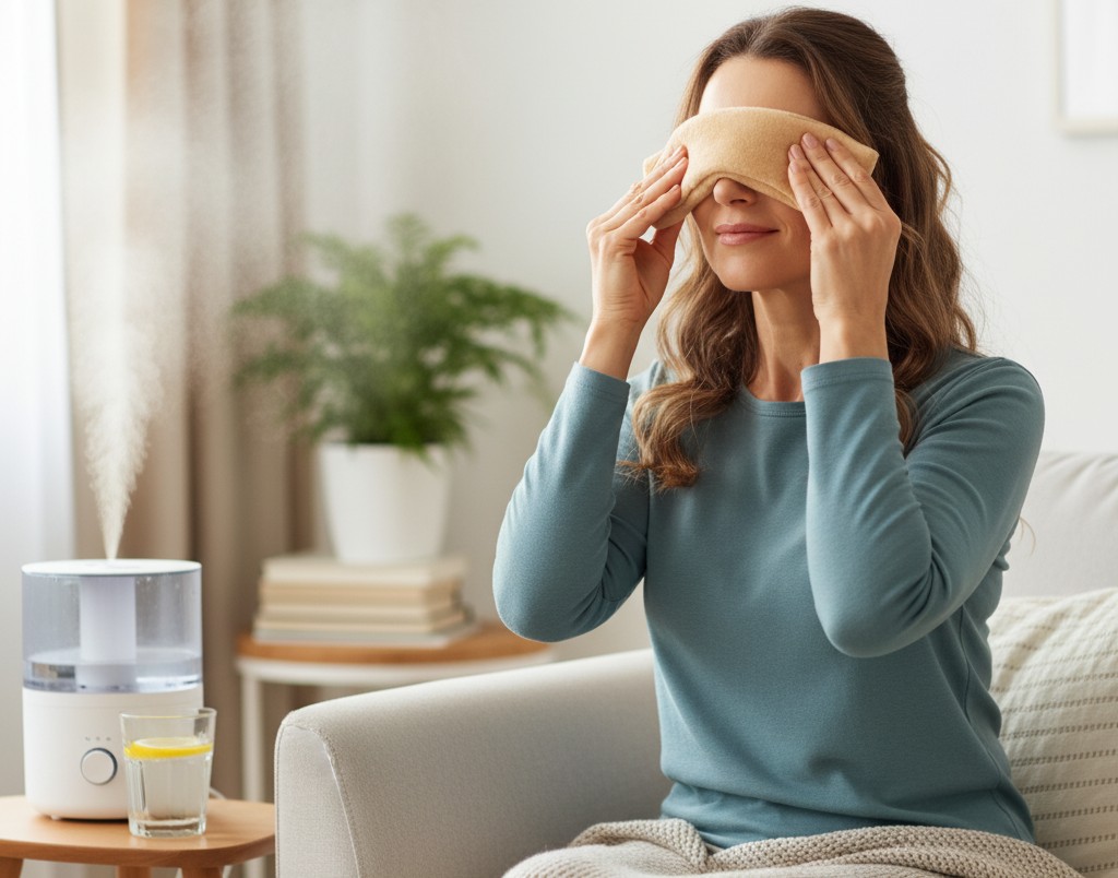 Woman applying a warm compress to her eyes at home with a humidifier, showcasing dry eyes relief.