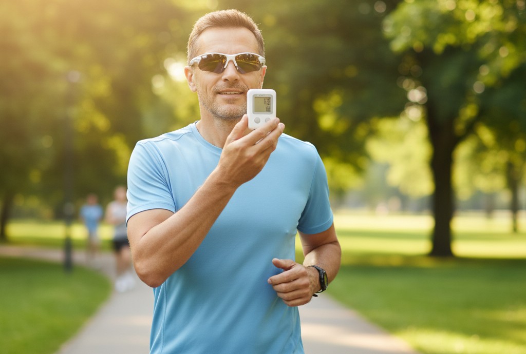 Man jogging in a park with sunglasses, checking eye pressure for glaucoma treatment support.