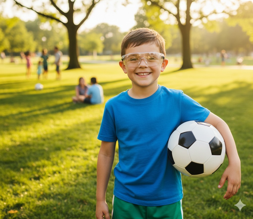 Young boy playing soccer in a park with protective glasses, supporting myopia control.