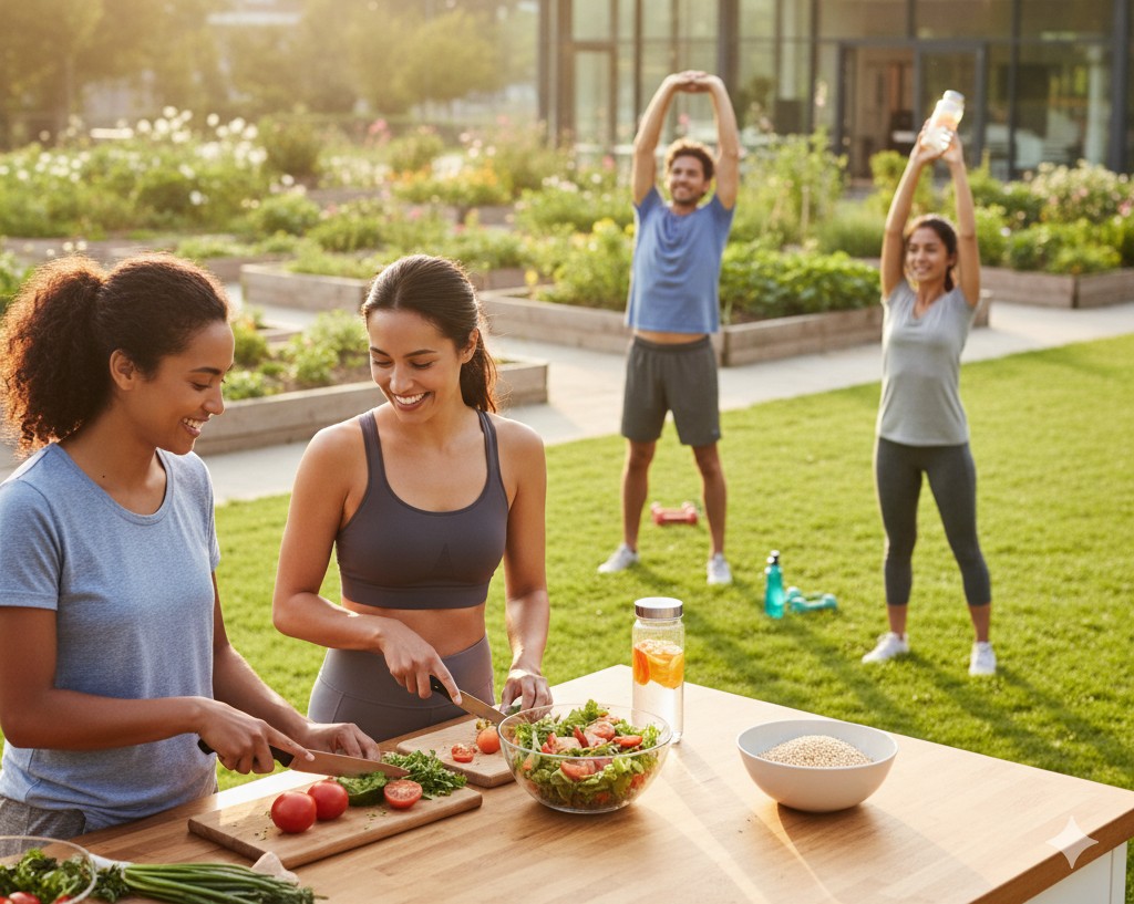 Group of people exercising, cooking, and staying hydrated in a bright, positive scene.