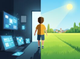 Illustration of a child’s eye with a clear horizon and trees, promoting myopia control.