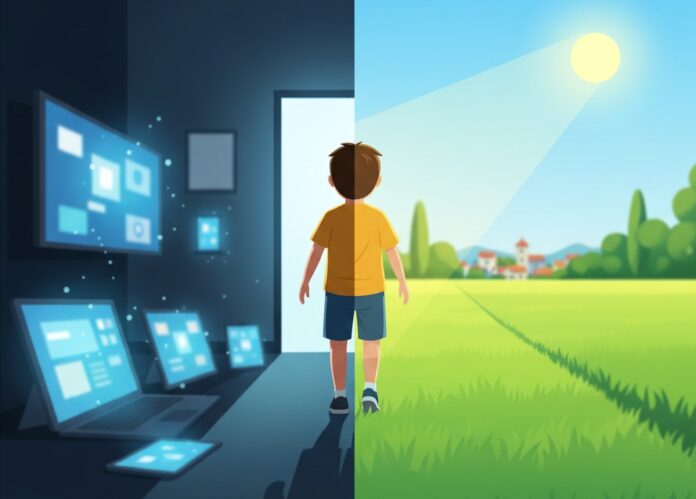 Myopia Control Blog Cover Illustration Illustration of a child’s eye with a clear horizon and trees, promoting myopia control.