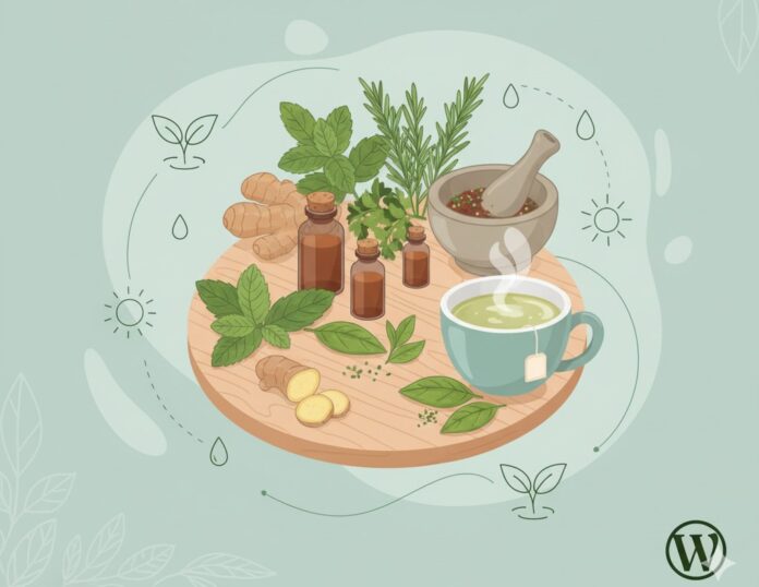 Natural Ways to Maintain Healthy Weight Cover Illustration Illustration of natural weight control with herbs, teas, and wholesome foods.