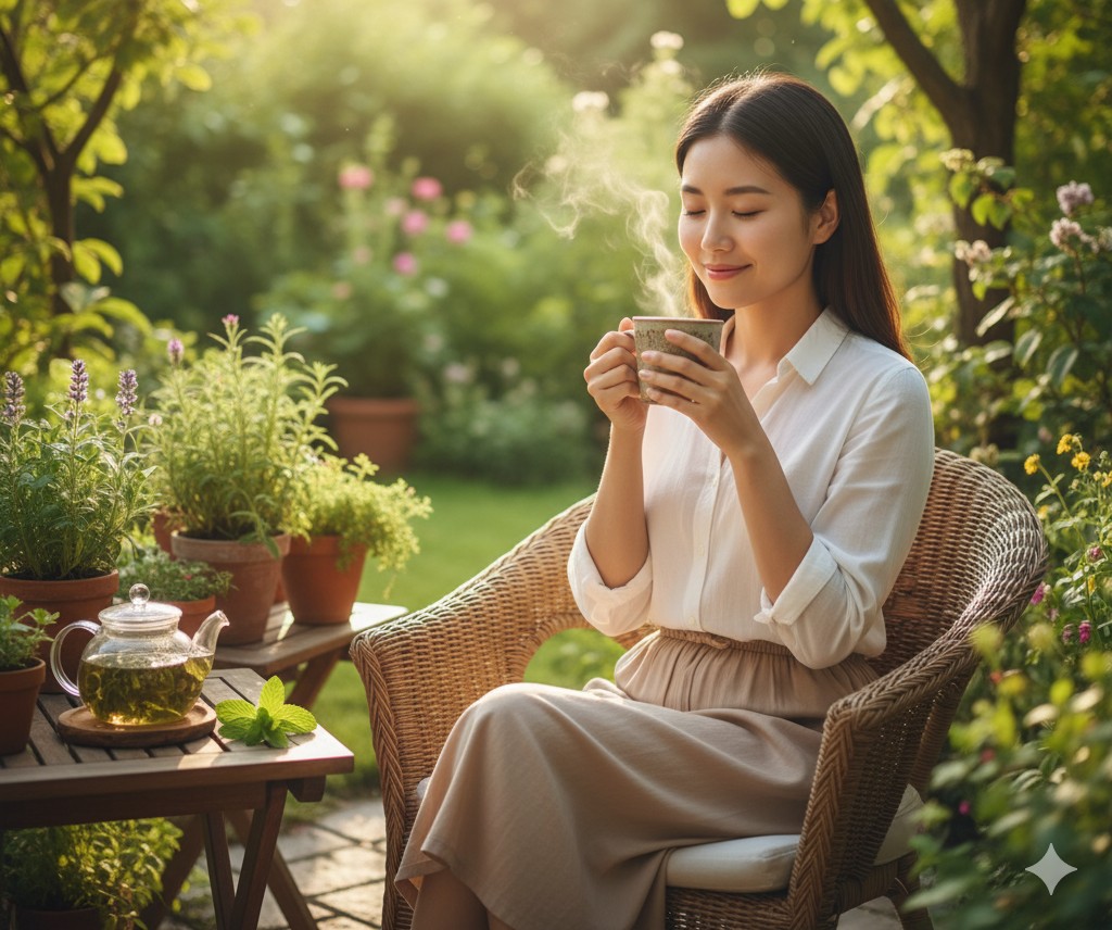 Person drinking green tea outdoors in a garden.