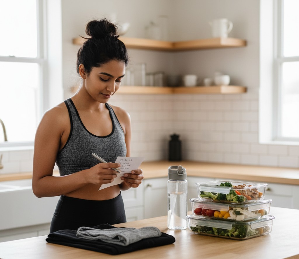 Person preparing gym clothes, water, and meals for next day.