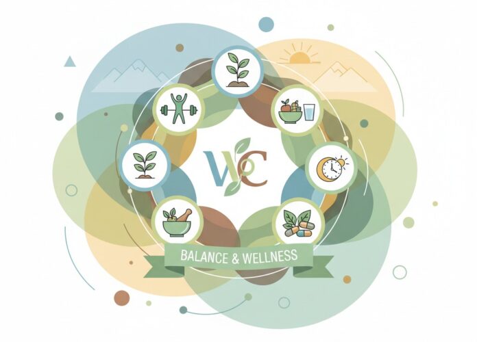 Weight Control Hub Cover Illustration Illustration of body weight management with food, exercise, lifestyle, and supplement icons in a circle.