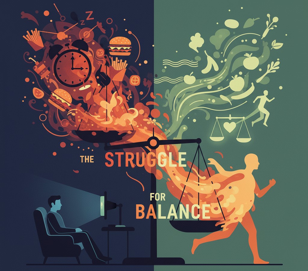 Abstract artwork symbolizing imbalance and weight gain with contrasting colors.