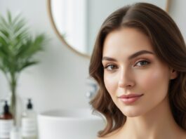 Beautiful woman with clear, radiant skin in a bright, modern bathroom setting, looking directly at the camera.
