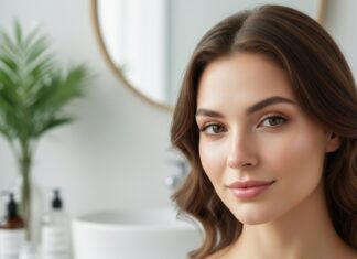 The Definitive Guide to Acne Elimination: A Comprehensive, Multi-Faceted Approach Beautiful woman with clear, radiant skin in a bright, modern bathroom setting, looking directly at the camera.