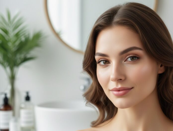 Clear-Skin-Acne-Elimination-Cover Beautiful woman with clear, radiant skin in a bright, modern bathroom setting, looking directly at the camera.