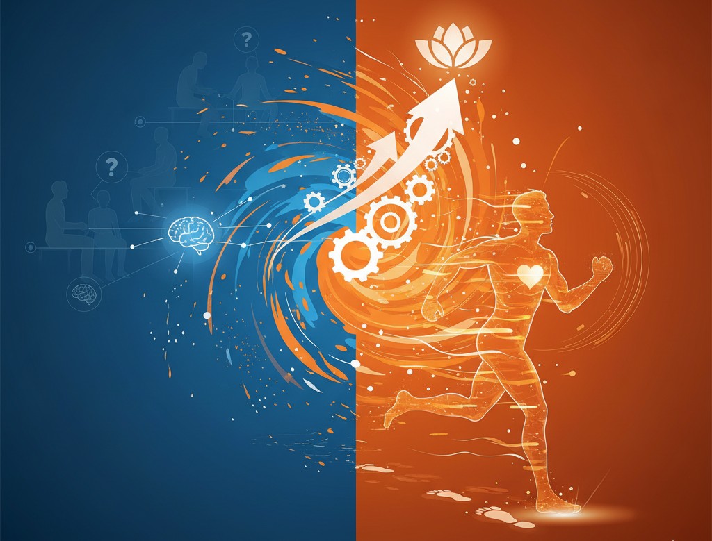 Abstract art symbolizing energy and movement with orange-blue tones.