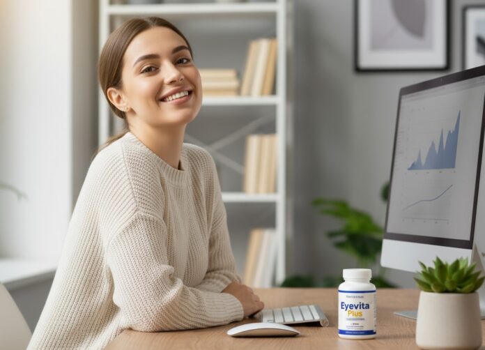 Woman using Eyevita Plus supplement for better eye health and blue light protection