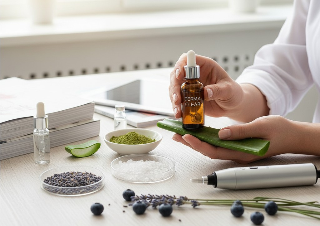 Hands holding a 'Derma Clear' serum bottle on an aloe vera leaf, surrounded by natural skincare ingredients like lavender, blueberries, and matcha, on a light desk.