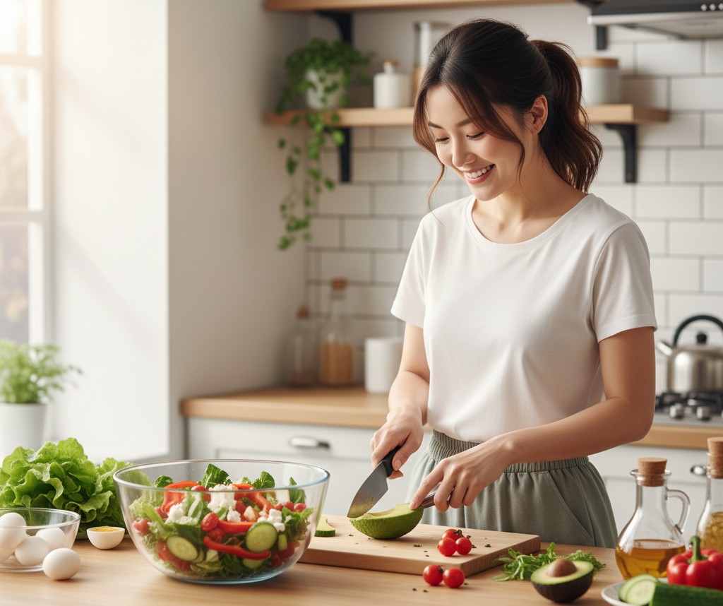 Person preparing a colorful salad in the kitchen.
