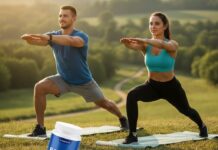 Support for Strong Joints and Healthy Bones | Delicious Orange & Peach Formula Fit athletes stretching outdoors with Flexomore joint supplement