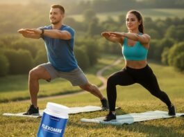 Fit athletes stretching outdoors with Flexomore joint supplement