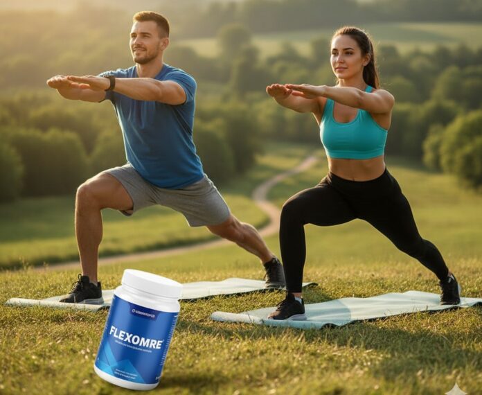 Fit athletes stretching outdoors with Flexomore joint supplement