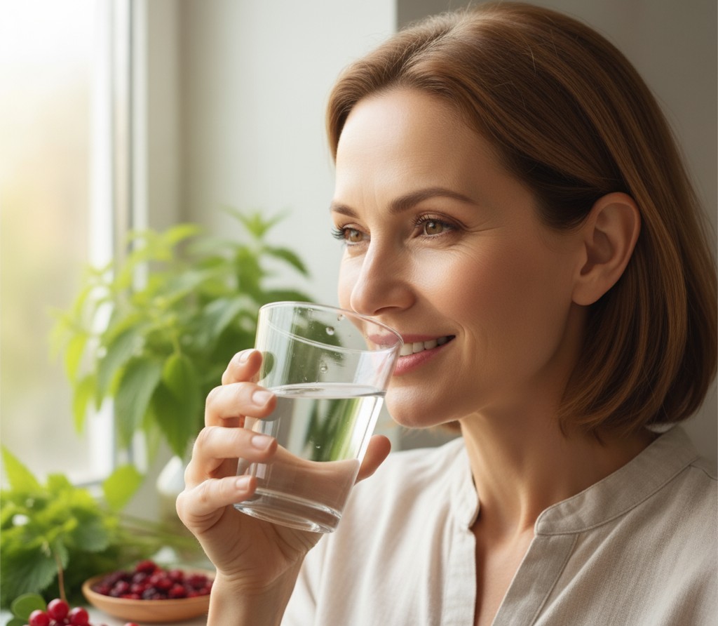A happy woman drinking water with natural herbs like nettle and cranberry in the background, symbolizing urinary tract and kidney health support with Uticarin supplement.