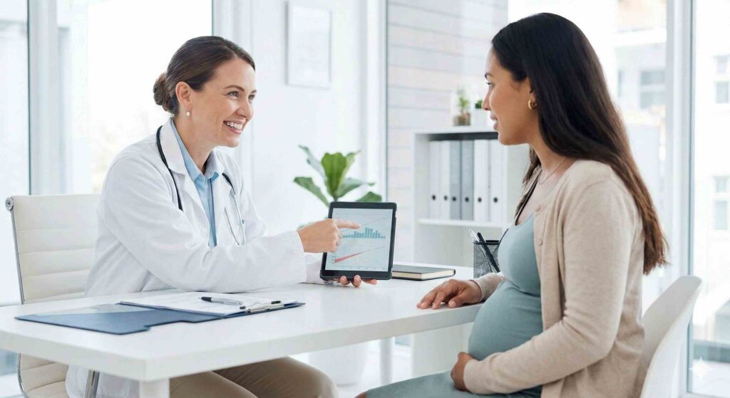 A pregnant woman sits across a desk from a smiling doctor, who is pointing at a chart on a tablet.