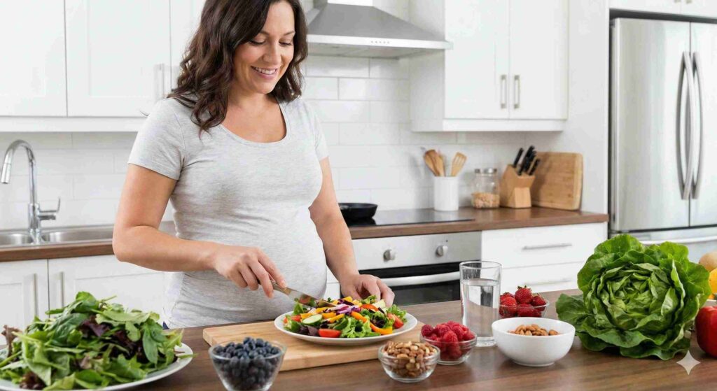 A smiling pregnant woman in a kitchen, preparing a fresh salad with various vegetables and fruits on the counter.