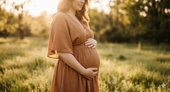 A pregnant woman standing in a sunlit field at sunset, gently holding her belly.