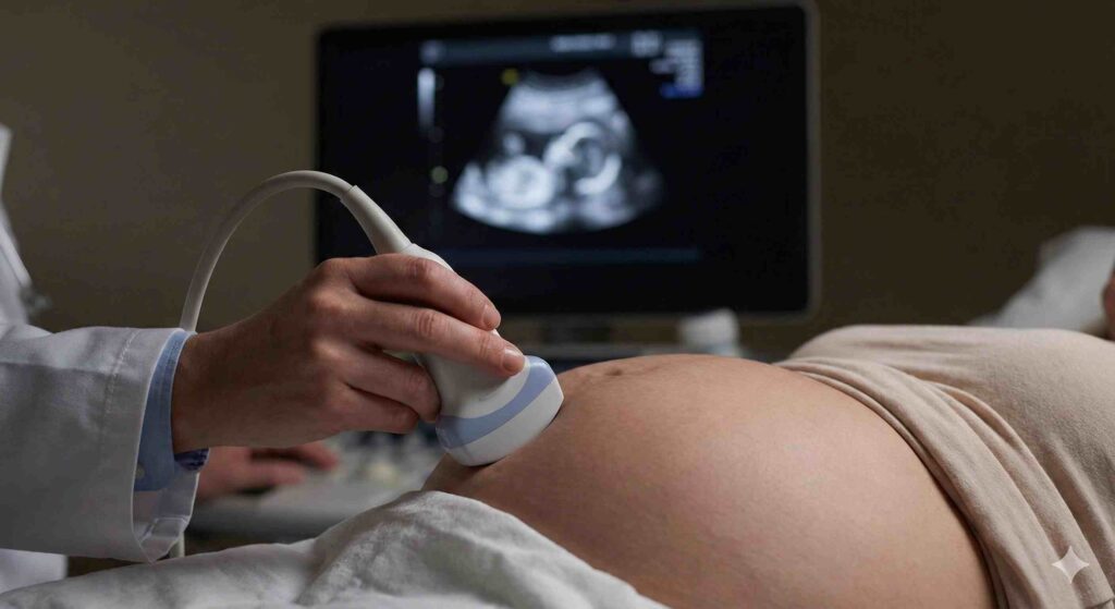 A close-up photo of a doctor performing an ultrasound on a pregnant woman's belly, with the ultrasound screen visible in the background.