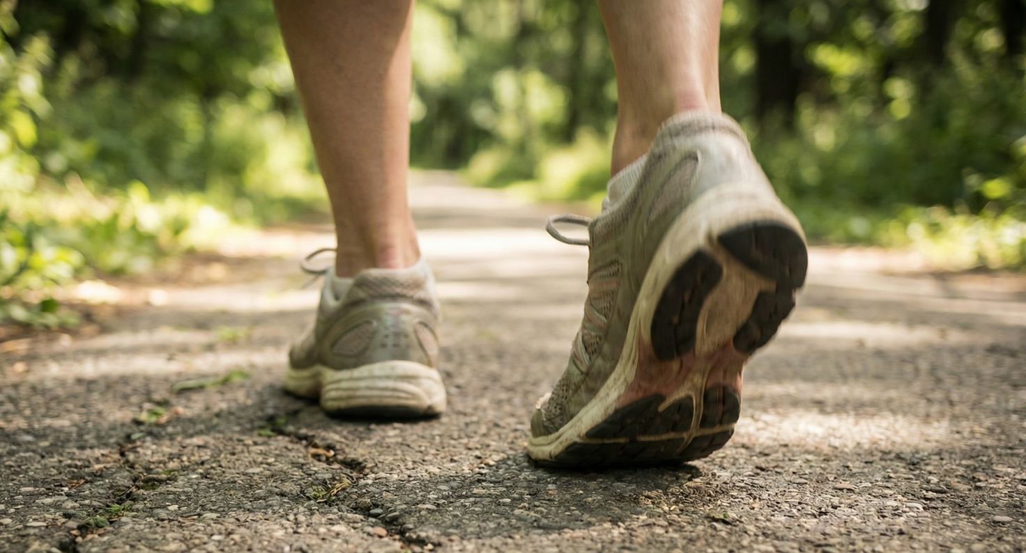 Walking shoes on a trail promoting daily exercise